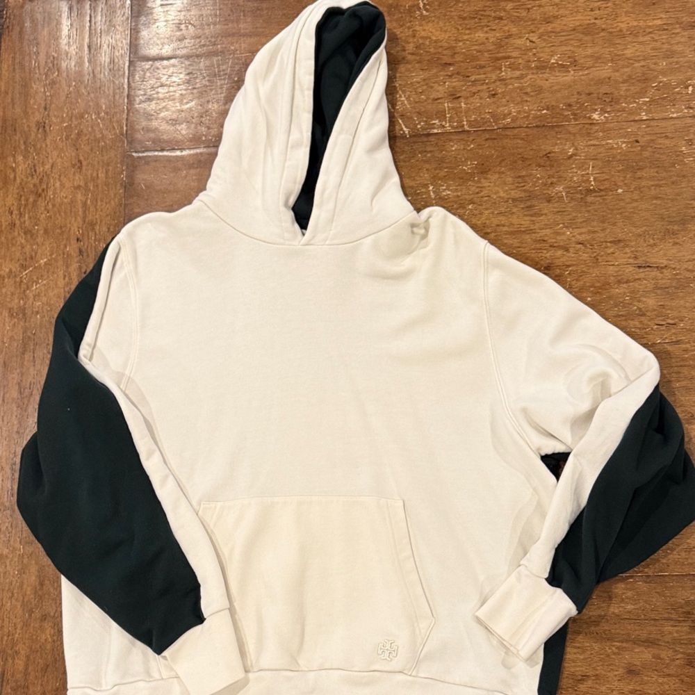 Tory Sport Cream and Dark Green Contrast French Terry Hoodie